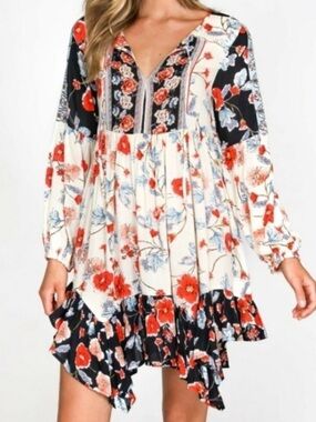 Patrons of Peace Floral Asymmetrical Babydoll Dress - Ivory & Black & Red